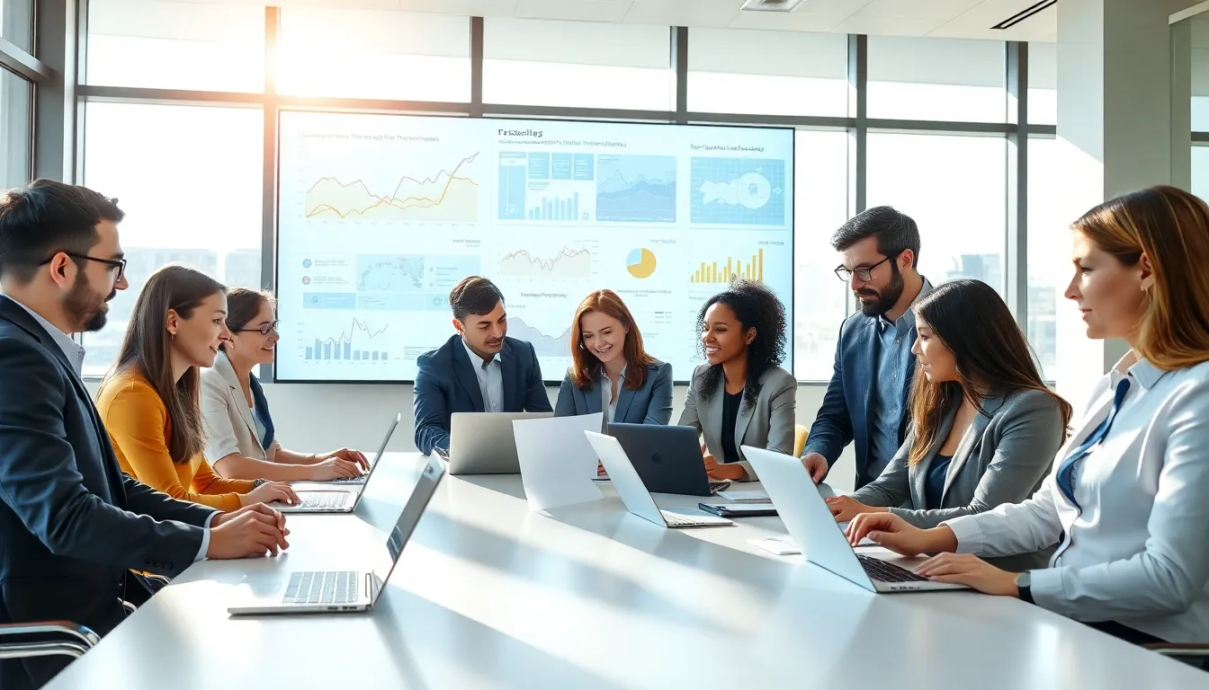 diverse team discussing telecommunications data in a modern office.